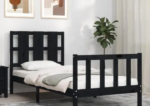 Cadru de pat cu tăblie, negru, 100x200 cm, lemn masiv - 1/5