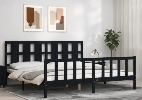 Cadru de pat cu tăblie, negru, 180x200 cm, lemn masiv - 1/5