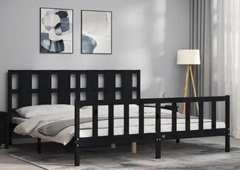 Cadru de pat cu tăblie, negru, 180x200 cm, lemn masiv - 3/5