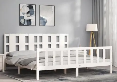 Cadru de pat fără saltea, alb, 200x200 cm, lemn masiv pin - 3/5