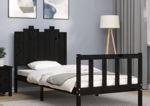 Cadru de pat cu tăblie, negru, 90x190 cm, lemn masiv - 1/5