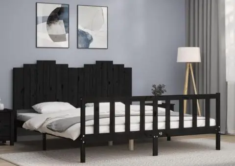 Cadru de pat cu tăblie, negru, 180x200 cm, lemn masiv - 1/5