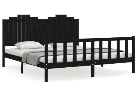 Cadru de pat cu tăblie, negru, 180x200 cm, lemn masiv - 2/5