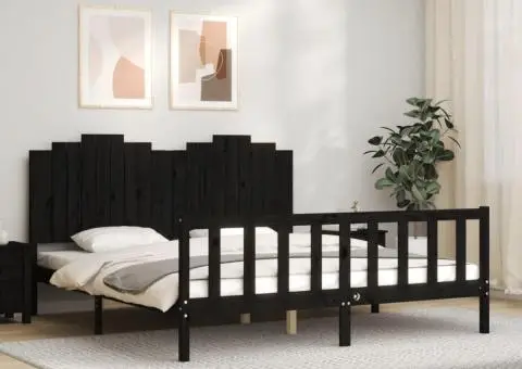 Cadru de pat cu tăblie, negru, 180x200 cm, lemn masiv - 3/5