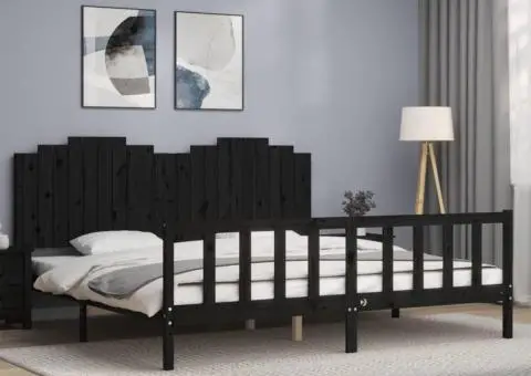 Cadru pat cu tăblie 200x200 cm, negru, lemn masiv - 1/5