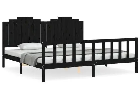 Cadru pat cu tăblie 200x200 cm, negru, lemn masiv - 2/5