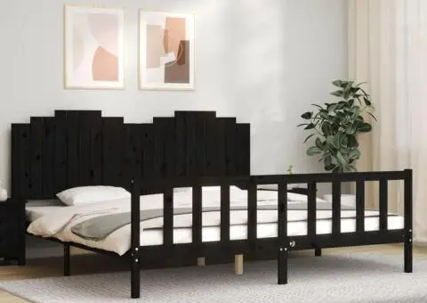 Cadru pat cu tăblie 200x200 cm, negru, lemn masiv - 3/5