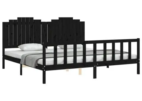 Cadru pat cu tăblie 200x200 cm, negru, lemn masiv - 4/5