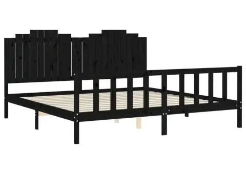 Cadru pat cu tăblie 200x200 cm, negru, lemn masiv - 5/5