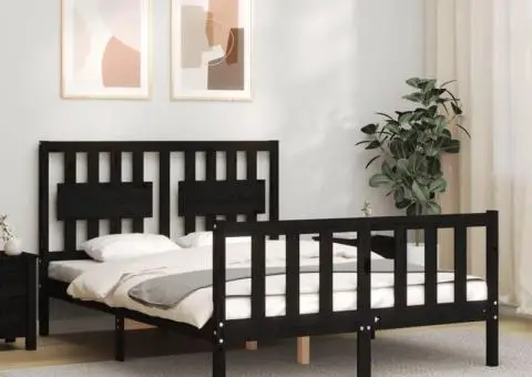 Cadru de pat cu tăblie dublu, negru, lemn masiv - 1/5