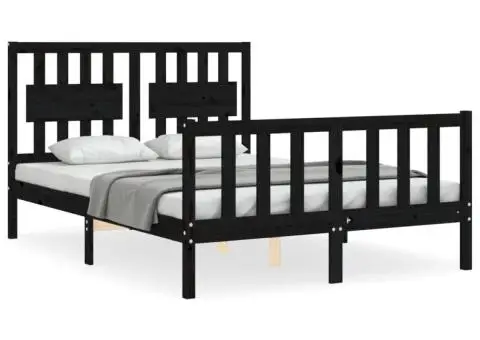 Cadru de pat cu tăblie dublu, negru, lemn masiv - 2/5