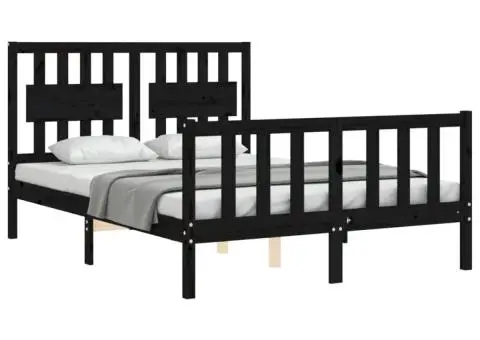Cadru de pat cu tăblie dublu, negru, lemn masiv - 3/5