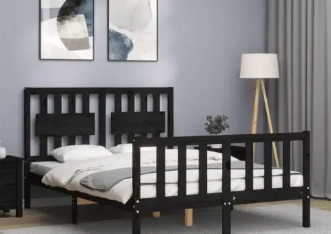 Cadru de pat cu tăblie dublu, negru, lemn masiv - 4/5