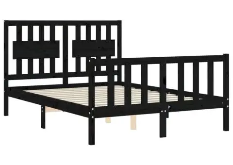 Cadru de pat cu tăblie dublu, negru, lemn masiv - 5/5
