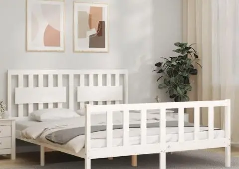 Cadru de pat cu tăblie, alb, king size, lemn masiv - 1/5