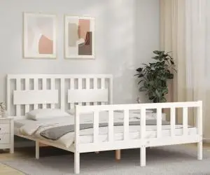 vidaXL Cadru de pat cu tăblie, alb, king size, lemn masiv