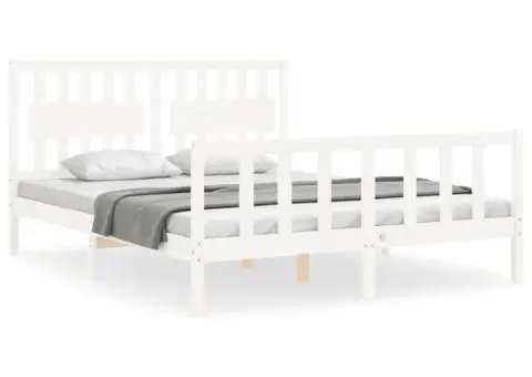 Cadru de pat cu tăblie, alb, king size, lemn masiv - 2/5