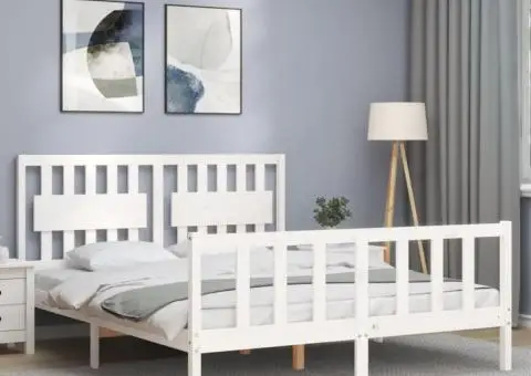 Cadru de pat cu tăblie, alb, king size, lemn masiv - 3/5