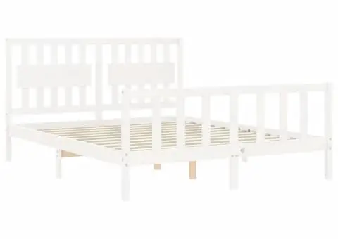 Cadru de pat cu tăblie, alb, king size, lemn masiv - 5/5