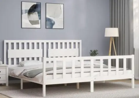 Cadru de pat fără saltea, alb, 200x200 cm, lemn masiv pin - 3/5