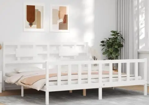 Cadru de pat fără saltea, alb, 200x200 cm, lemn masiv pin - 4/5