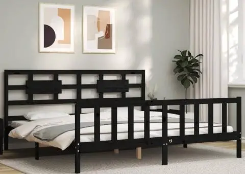 Cadru pat cu tăblie 200x200 cm, negru, lemn masiv - 1/5