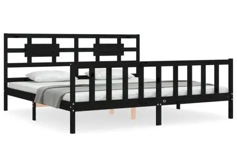 Cadru pat cu tăblie 200x200 cm, negru, lemn masiv - 2/5