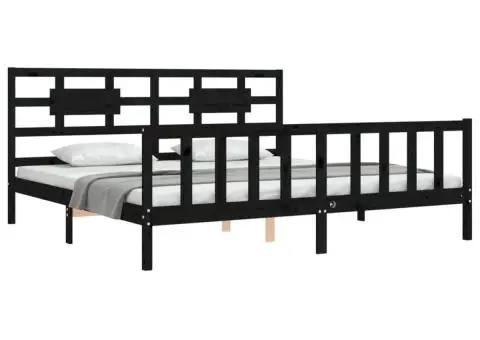 Cadru pat cu tăblie 200x200 cm, negru, lemn masiv - 3/5