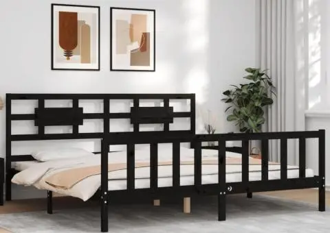 Cadru pat cu tăblie 200x200 cm, negru, lemn masiv - 4/5