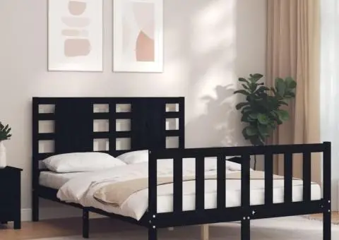 Cadru de pat cu tăblie dublu, negru, lemn masiv - 1/5