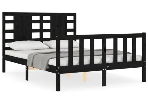 Cadru de pat cu tăblie dublu, negru, lemn masiv - 2/5