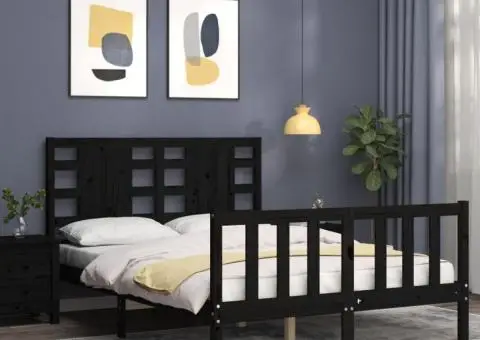 Cadru de pat cu tăblie dublu, negru, lemn masiv - 3/5