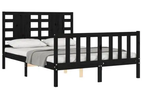 Cadru de pat cu tăblie dublu, negru, lemn masiv - 4/5