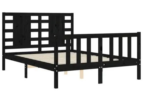 Cadru de pat cu tăblie dublu, negru, lemn masiv - 5/5