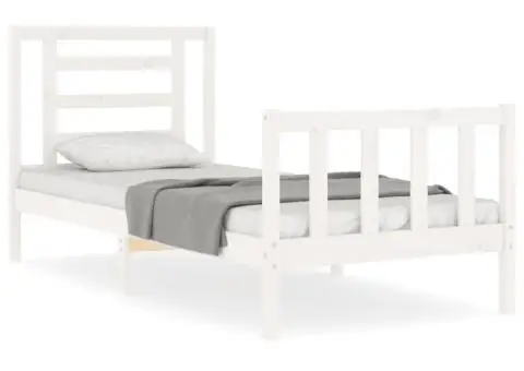 Cadru de pat cu tăblie single, alb, lemn masiv - 2/5