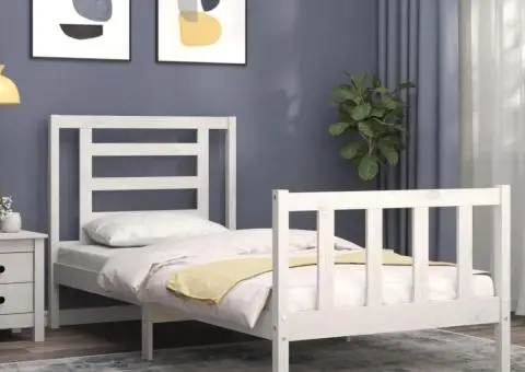 Cadru de pat cu tăblie single, alb, lemn masiv - 3/5