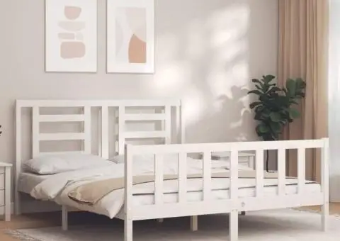 Cadru de pat cu tăblie, alb, king size, lemn masiv - 1/5