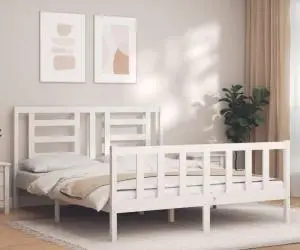 vidaXL Cadru de pat cu tăblie, alb, king size, lemn masiv