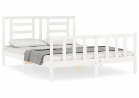 Cadru de pat cu tăblie, alb, king size, lemn masiv - 2/5