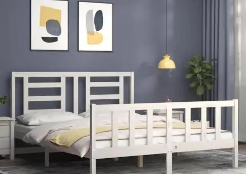 Cadru de pat cu tăblie, alb, king size, lemn masiv - 3/5