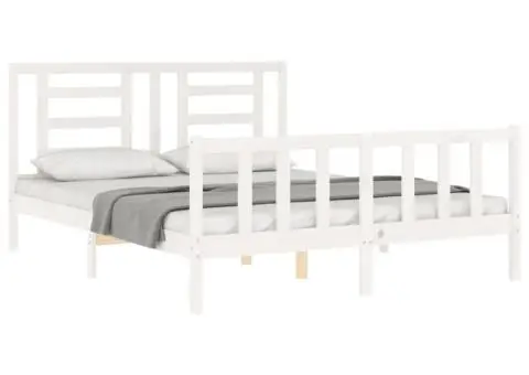 Cadru de pat cu tăblie, alb, king size, lemn masiv - 4/5