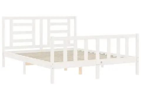 Cadru de pat cu tăblie, alb, king size, lemn masiv - 5/5
