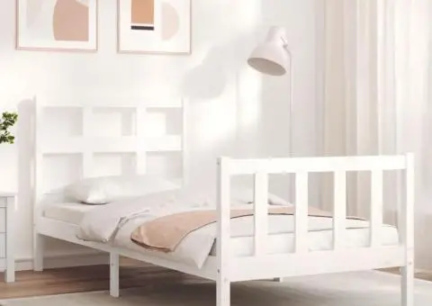 Cadru de pat cu tăblie single, alb, lemn masiv - 1/5