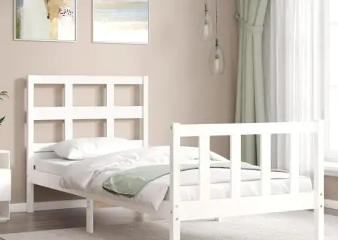 Cadru de pat cu tăblie single, alb, lemn masiv - 3/5