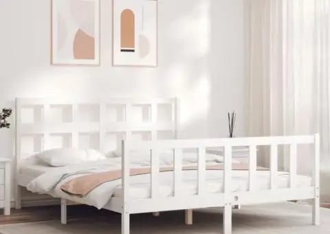 Cadru de pat cu tăblie, alb, king size, lemn masiv - 1/5