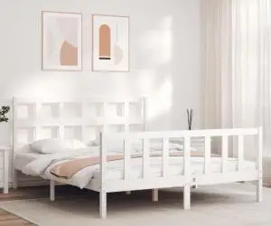 vidaXL Cadru de pat cu tăblie, alb, king size, lemn masiv