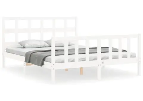 Cadru de pat cu tăblie, alb, king size, lemn masiv - 2/5