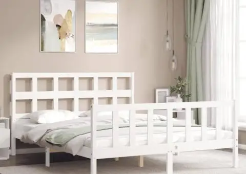 Cadru de pat cu tăblie, alb, king size, lemn masiv - 3/5
