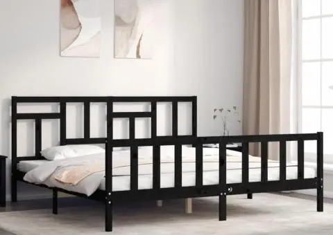 Cadru pat cu tăblie 200x200 cm, negru, lemn masiv - 1/5