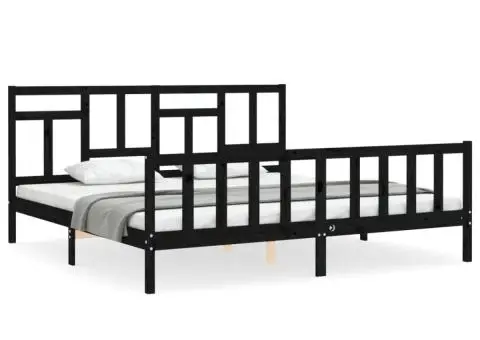 Cadru pat cu tăblie 200x200 cm, negru, lemn masiv - 2/5